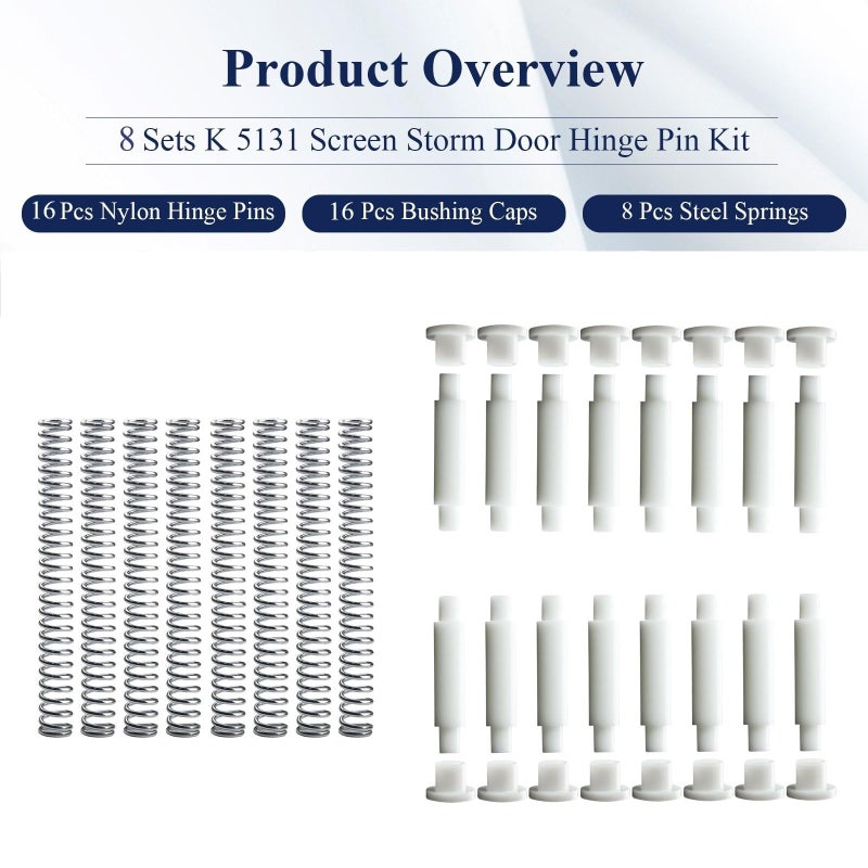 WFCYX 8 Sets K 5131 Steel and Nylon Storm Door Hinge Pin Kit, 16 Pcs Nylon Hinge Pins, 16 Pcs Bushing Caps, 8 Pcs Steel Springs, Screen & Storm Door Hing Pin Set Fit for Croft Storm Doors & Other Storm Door - Image 2